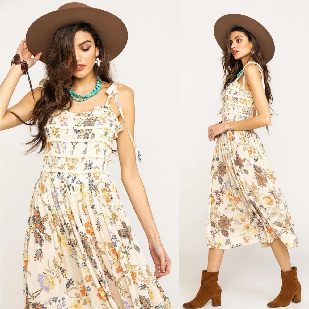 Free People Isla Ivory Floral Smocked Tie Shoulder Midi Dress